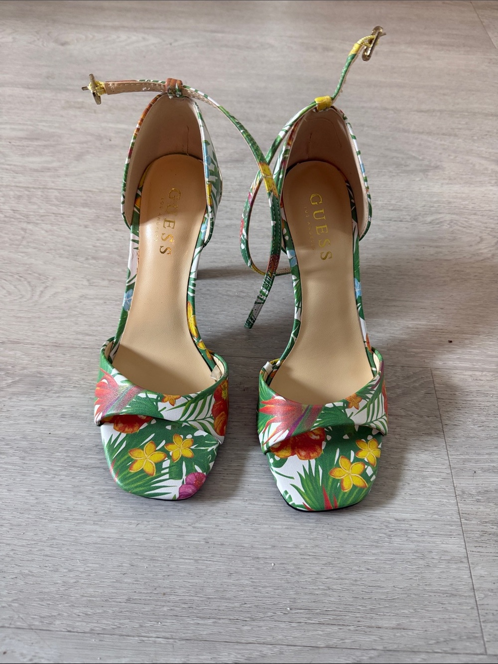 GUESS Floral Ankle-Strap Heels in Green Multi